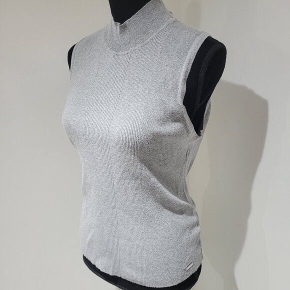 Tahari Knit Sleeveless Ribbed Mock Neck Sweater Size L Gray Stretch Minimalist - Picture 3 of 9